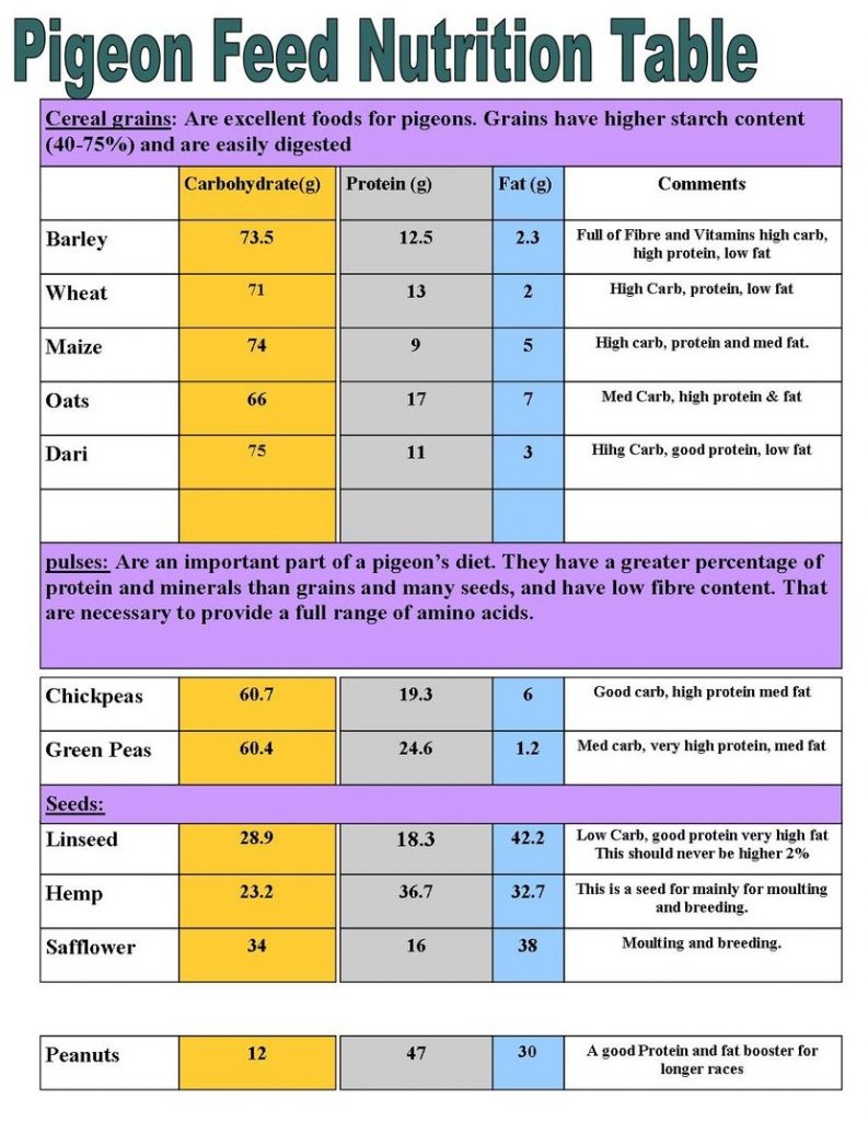 Pigeon Racing Nutrition Table